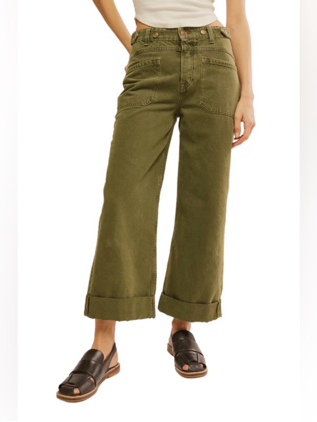 We The Free Palmer Wide Leg Baggy Loose Fit Denim Jeans Army Green Size 27